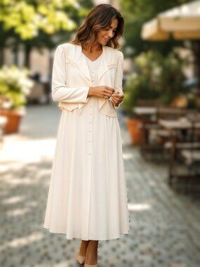 Midi Dress & Jacket Vintage RJ Stevens size 8 Ivory Lace Trim Made in USA